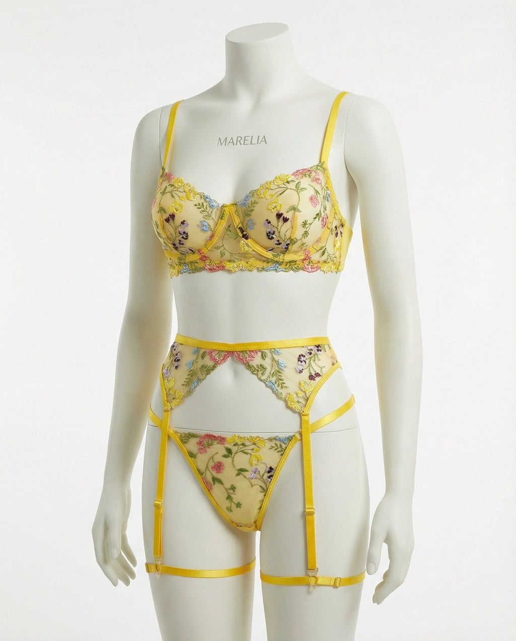 Yellow Floral Embroidered Lingerie Set - Marelia
