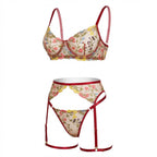 Burgundy Floral Embroidered Lingerie Set - Marelia