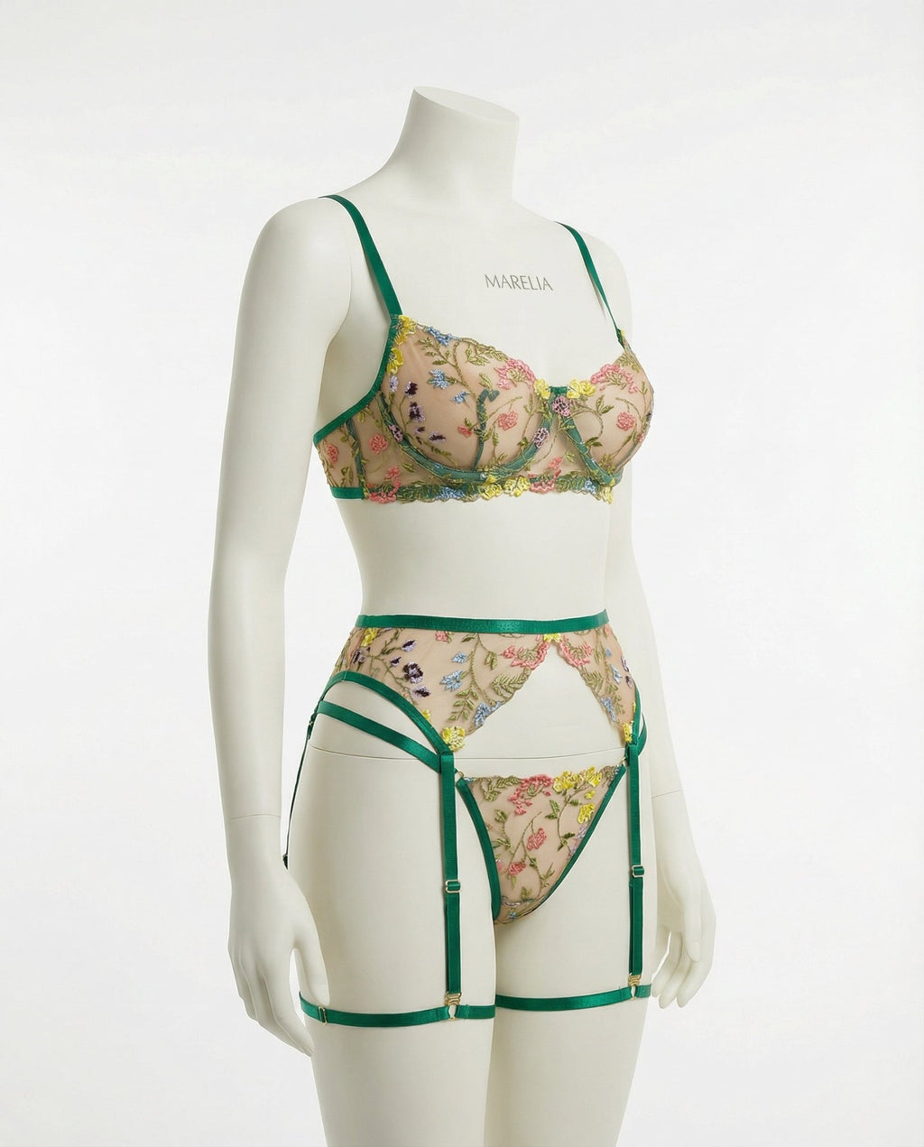 Green Floral Embroidered Lingerie Set - Marelia