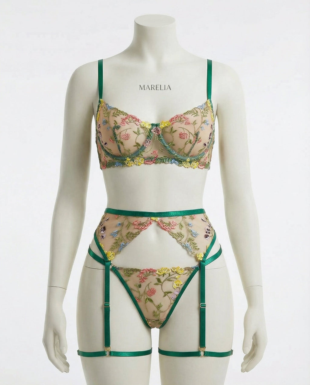Green Floral Embroidered Lingerie Set - Marelia