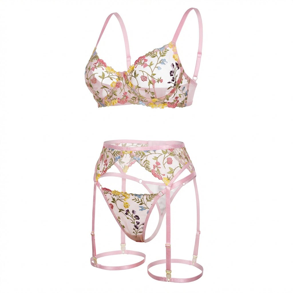 Pink Floral Embroidered Lingerie Set - Marelia