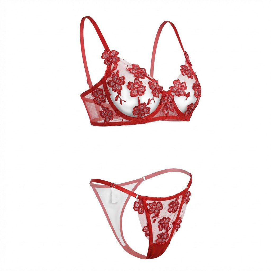 Red floral embroidered lingerie set