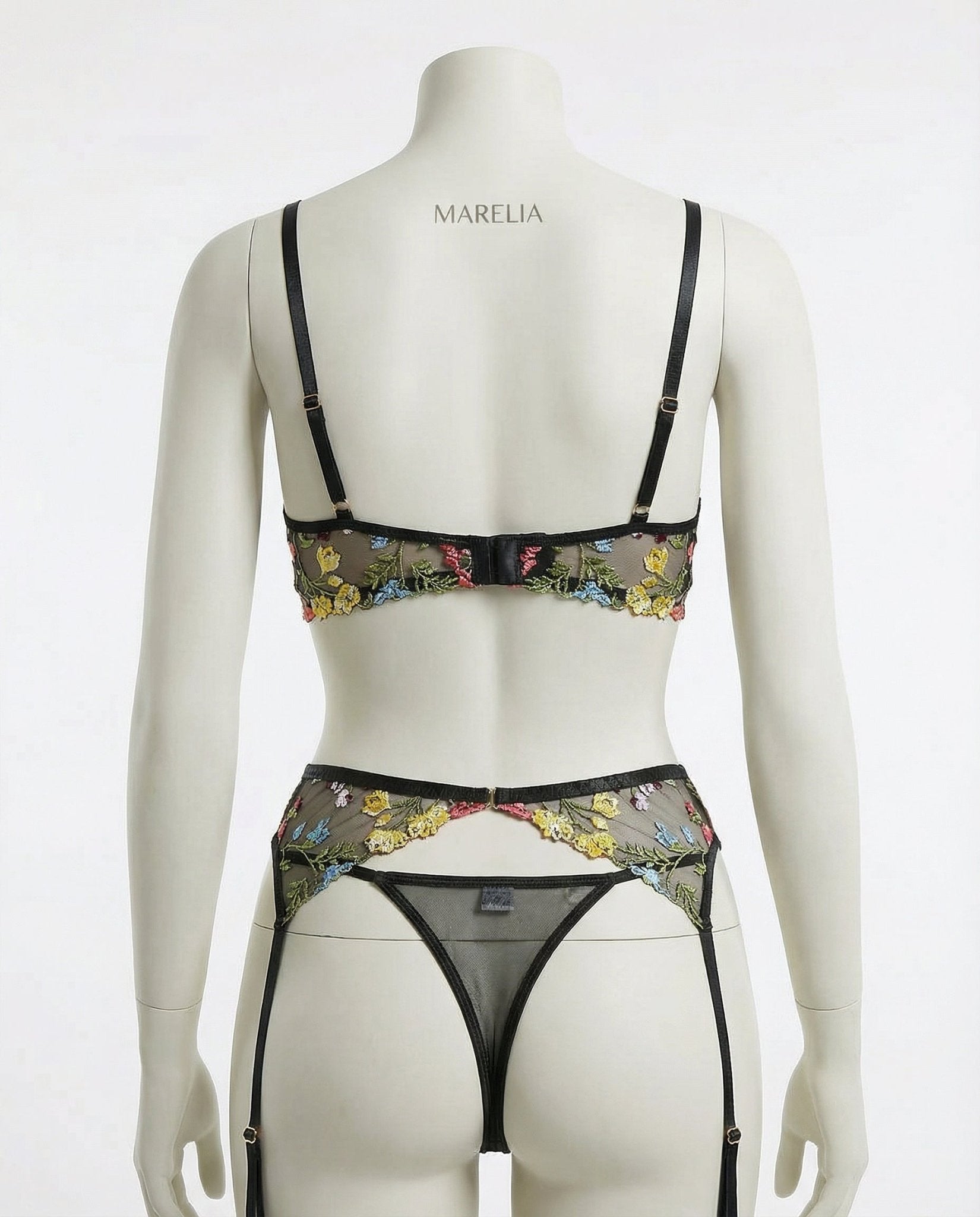 Black Floral Embroidered Lingerie Set - Marelia