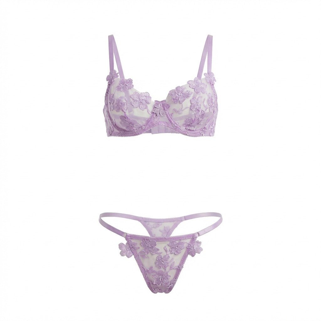 Lilac floral embroidered lingerie set