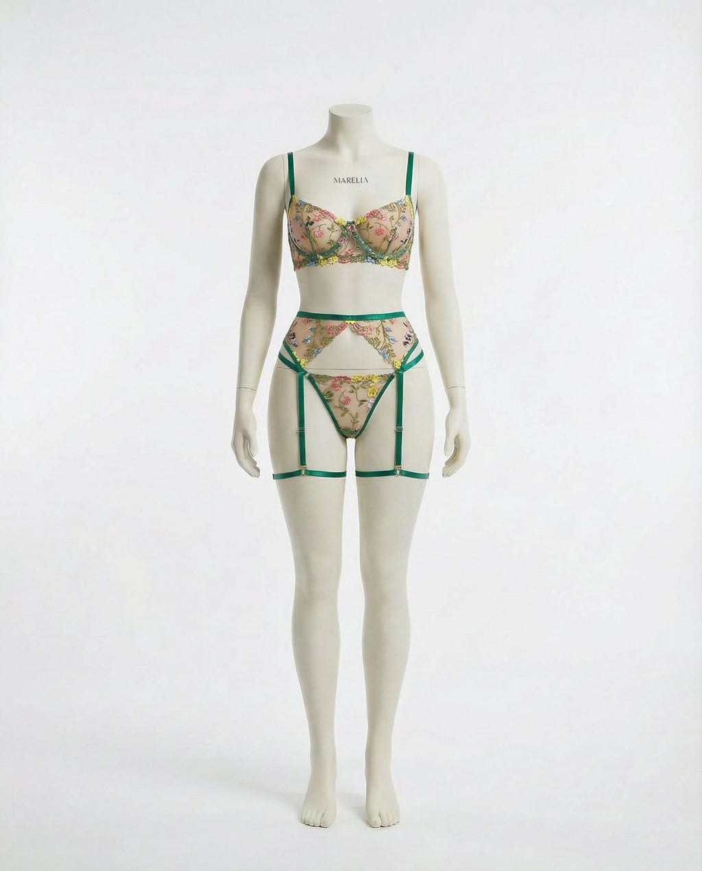 Green Floral Embroidered Lingerie Set - Marelia