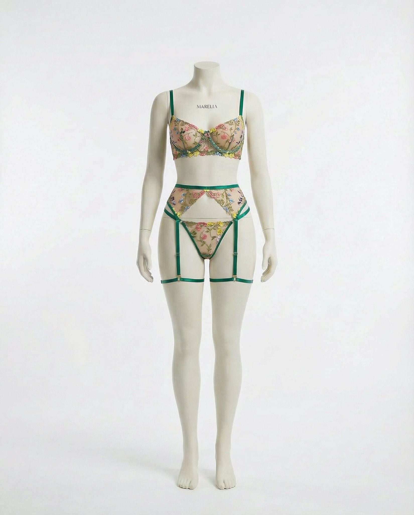 Green Floral Embroidered Lingerie Set - Marelia