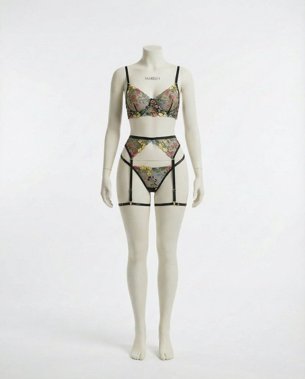 Black Floral Embroidered Lingerie Set - Marelia