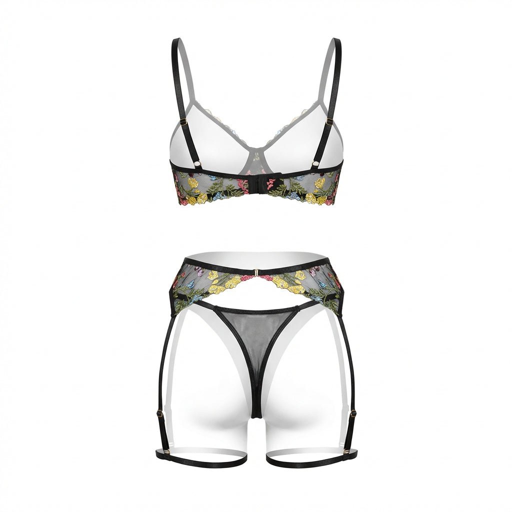 Black Floral Embroidered Lingerie Set - Marelia