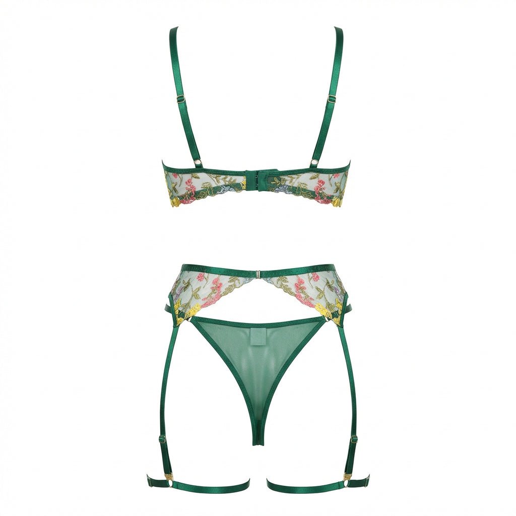 Green Floral Embroidered Lingerie Set - Marelia