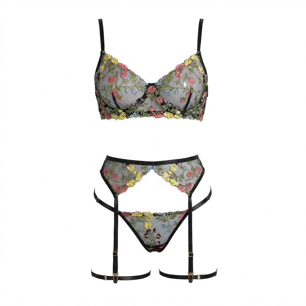 Black Floral Embroidered Lingerie Set - Marelia