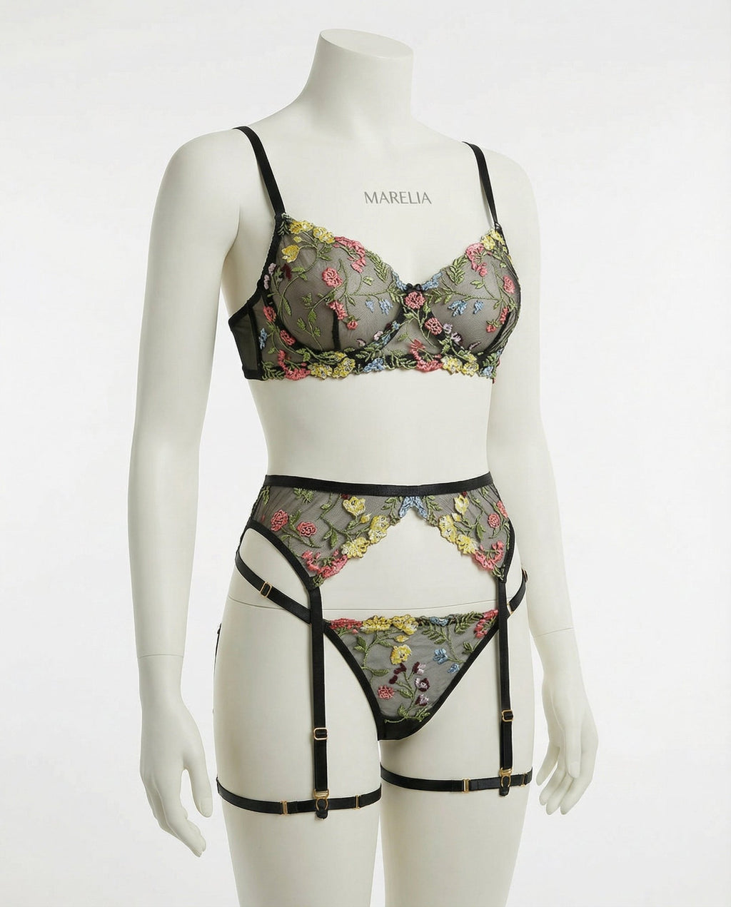 Black Floral Embroidered Lingerie Set - Marelia