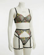 Black Floral Embroidered Lingerie Set - Marelia