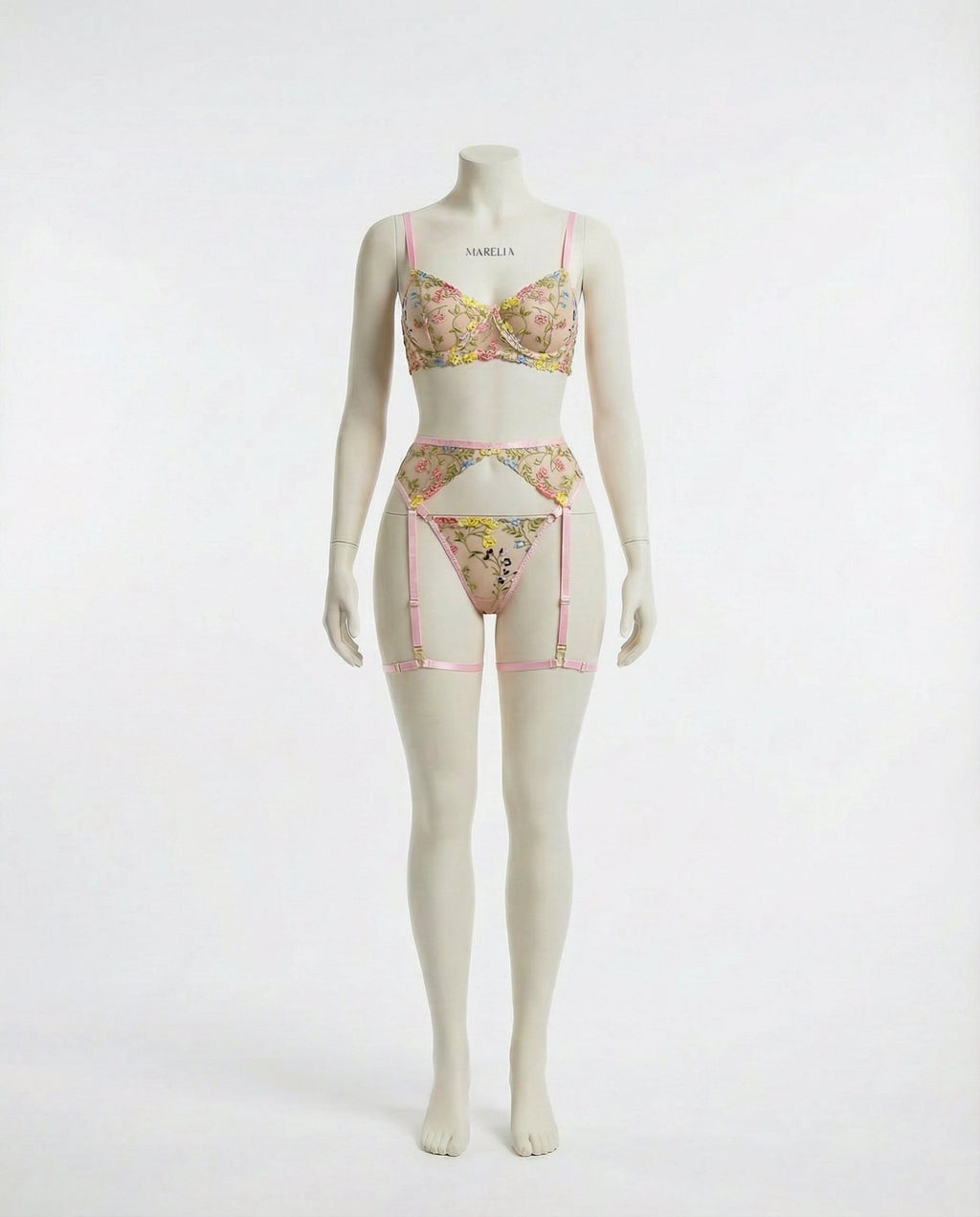 Pink Floral Embroidered Lingerie Set - Marelia