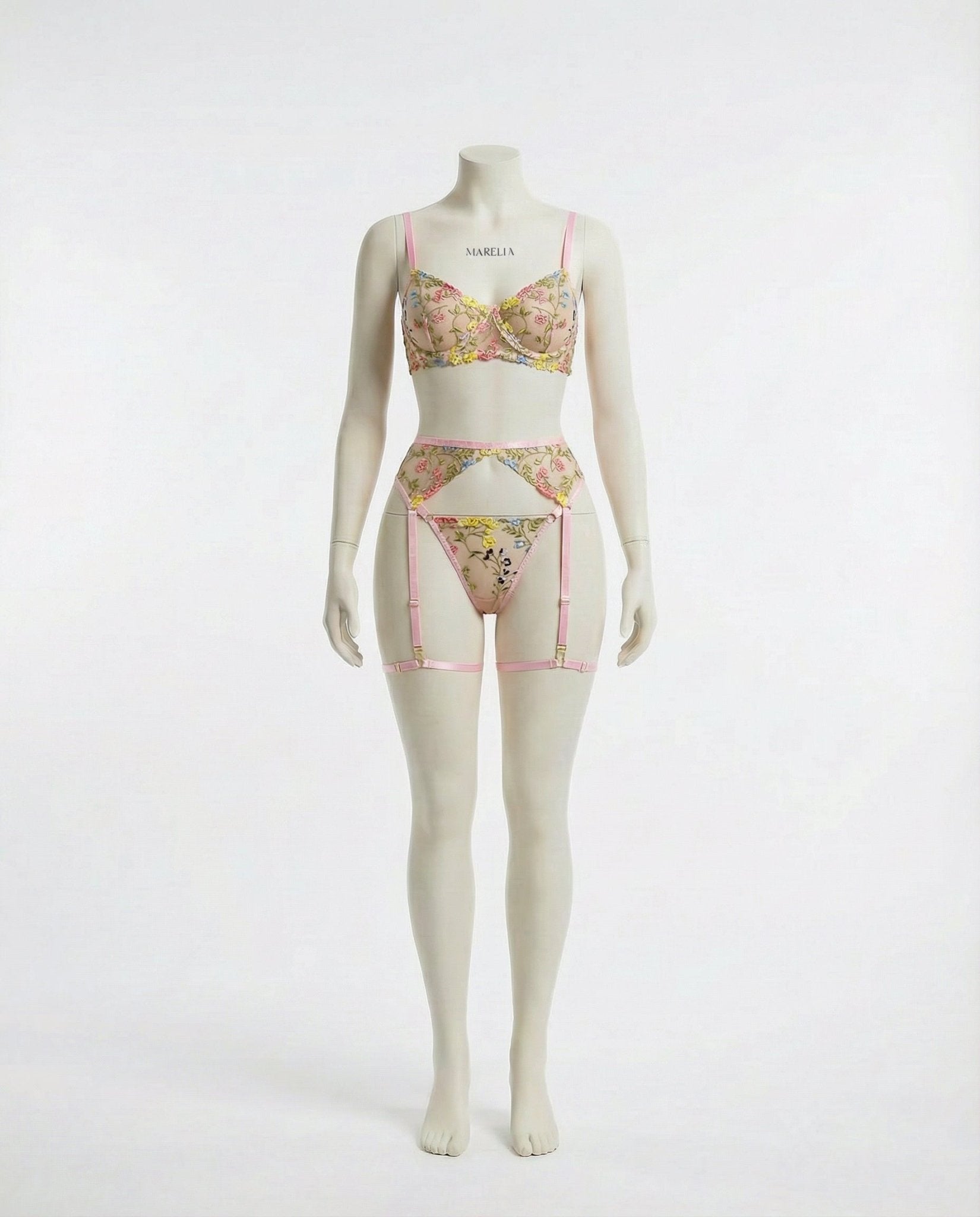 Pink Floral Embroidered Lingerie Set - Marelia
