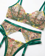 Green Floral Embroidered Lingerie Set - Marelia