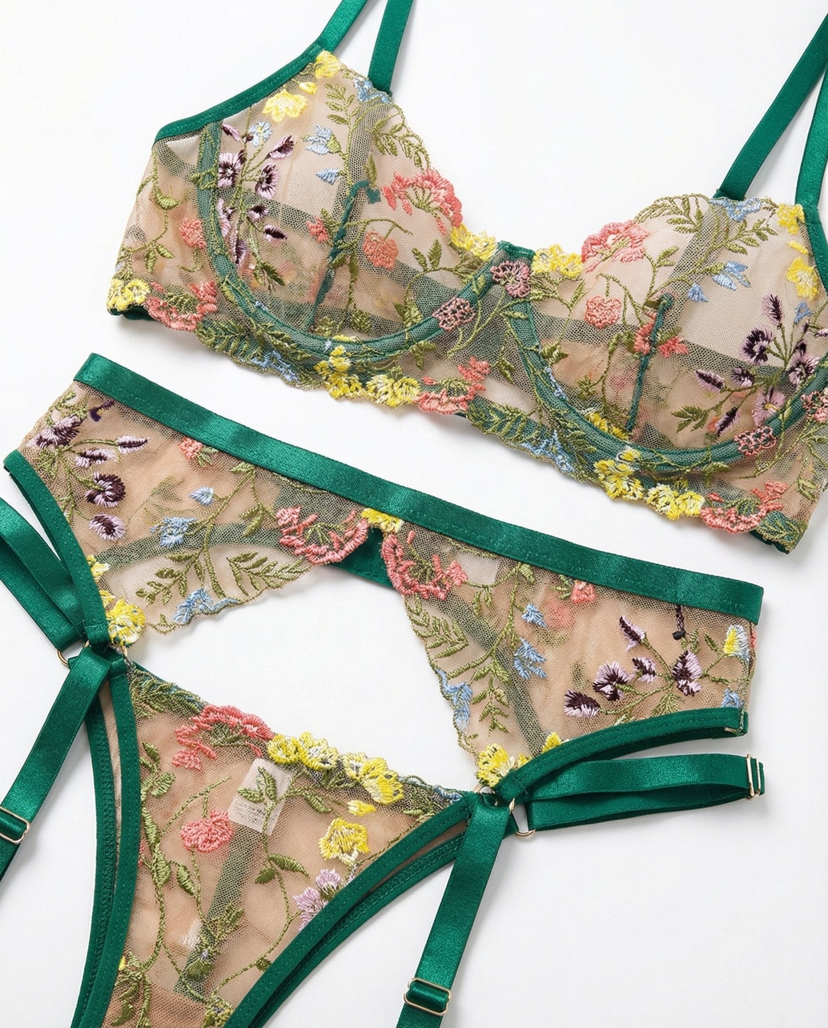 Green Floral Embroidered Lingerie Set - Marelia