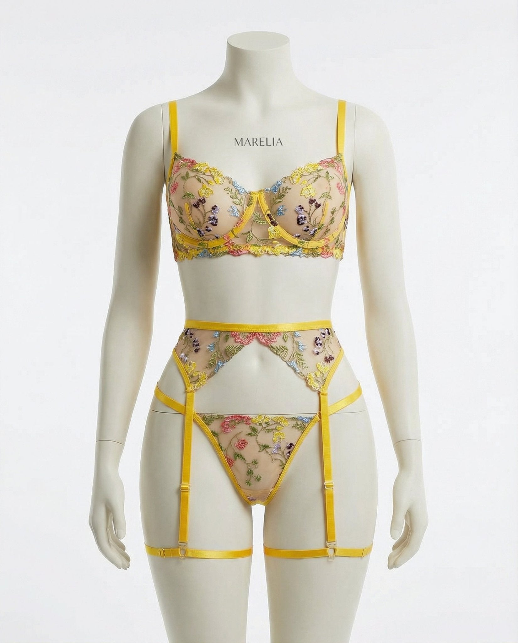 Yellow Floral Embroidered Lingerie Set - Marelia