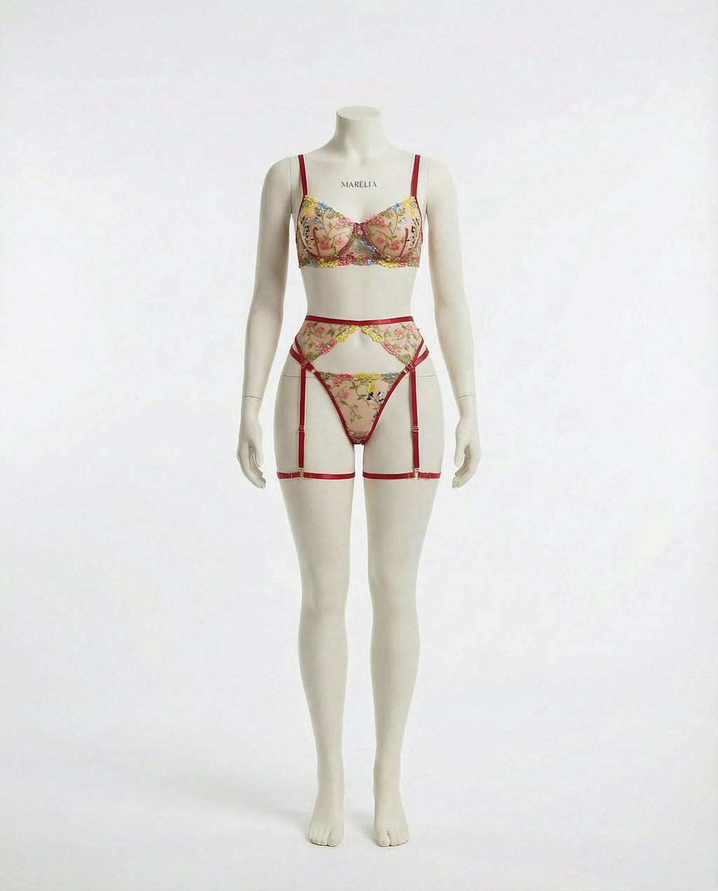 Burgundy Floral Embroidered Lingerie Set - Marelia