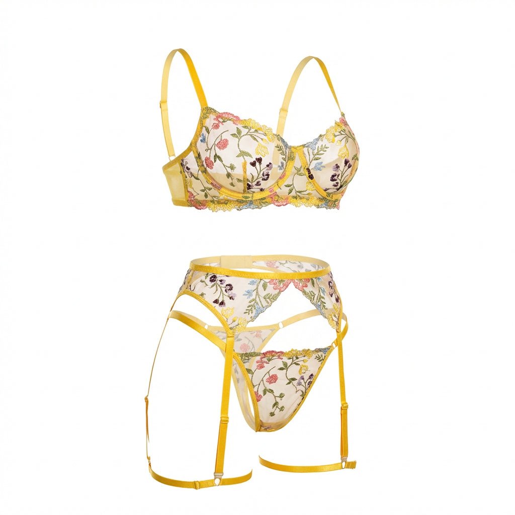 Yellow Floral Embroidered Lingerie Set - Marelia