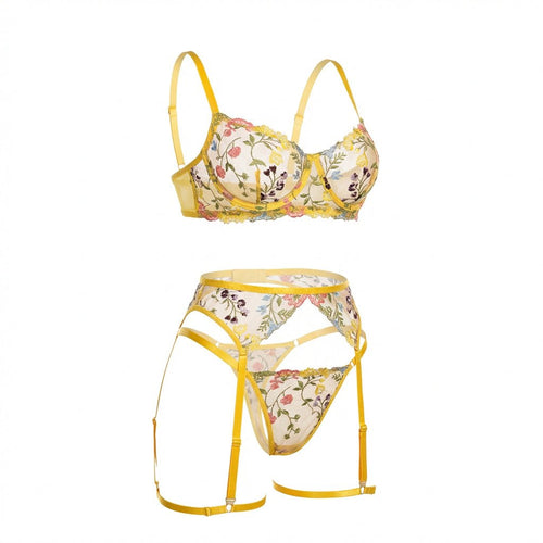 Yellow Floral Embroidered Lingerie Set - Marelia