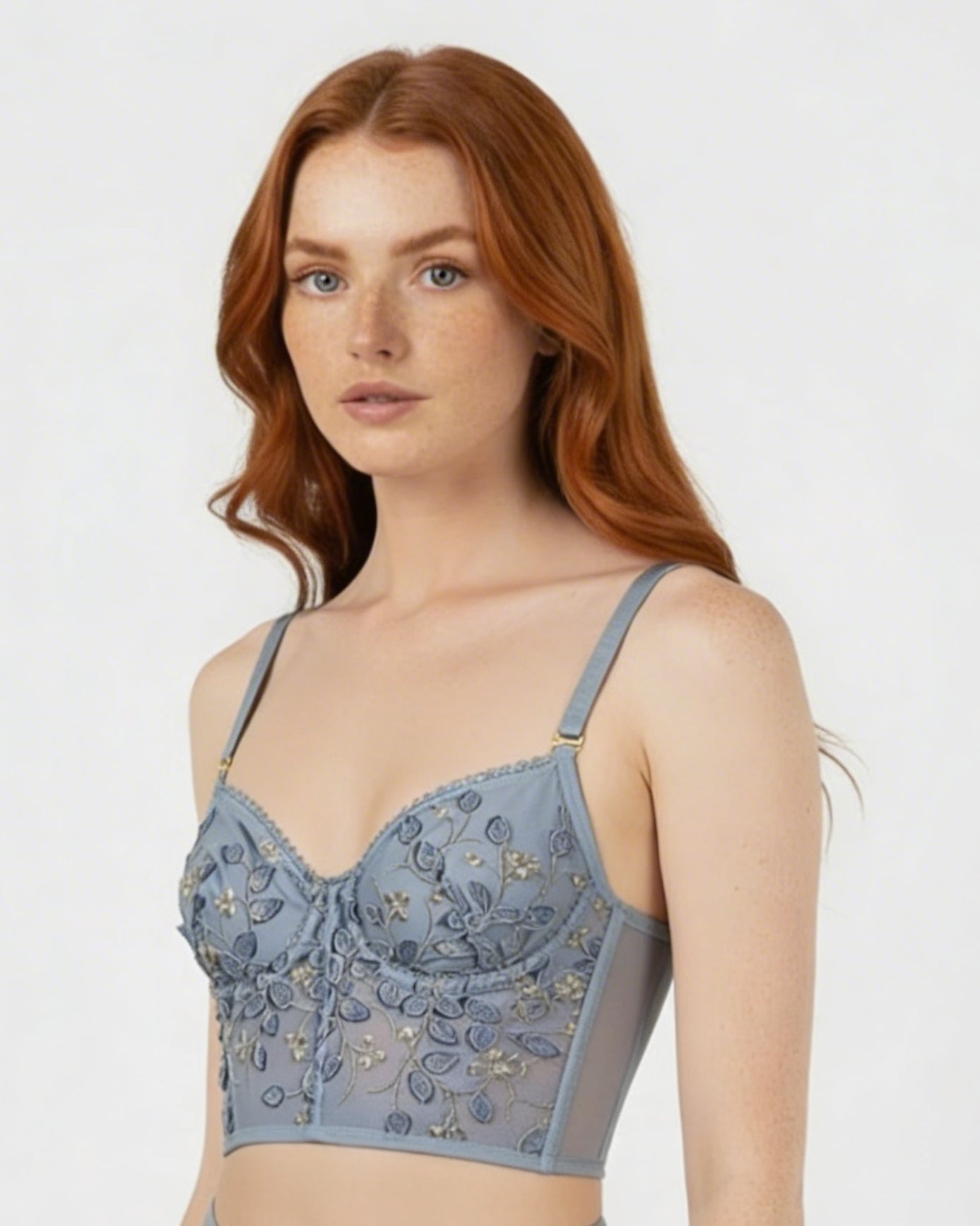 Dusty Blue Floral Embroidered Mesh Bralette Set - MARELIA