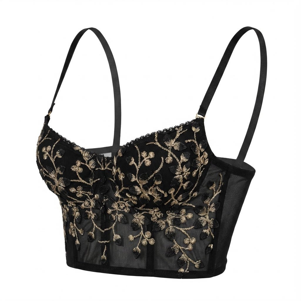 Black Floral Embroidered Mesh Bralette Set - MARELIA