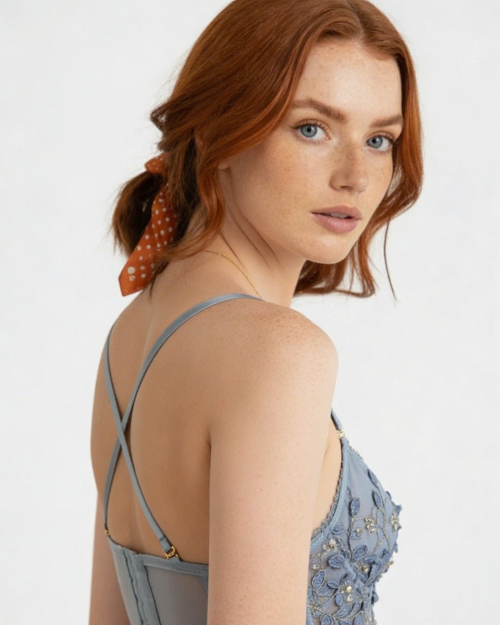 Dusty Blue Floral Embroidered Mesh Bralette Set - MARELIA