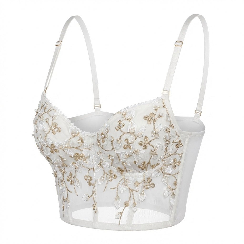 White Floral Embroidered Mesh Bralette Set - MARELIA