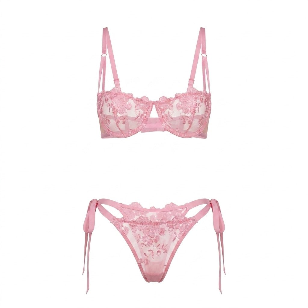 Pink Floral Embroidered Mesh Lingerie Set - MARELIA