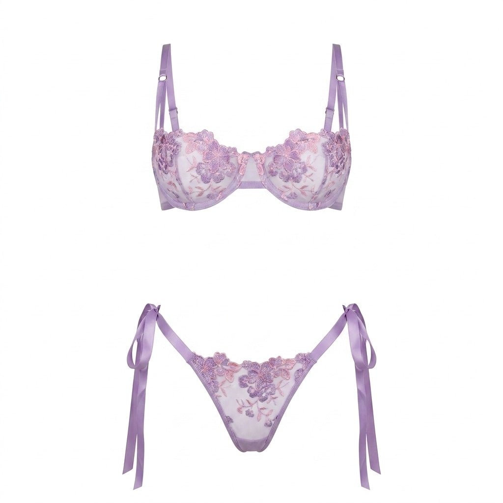 Lilac Floral Embroidered Mesh Lingerie Set - MARELIA