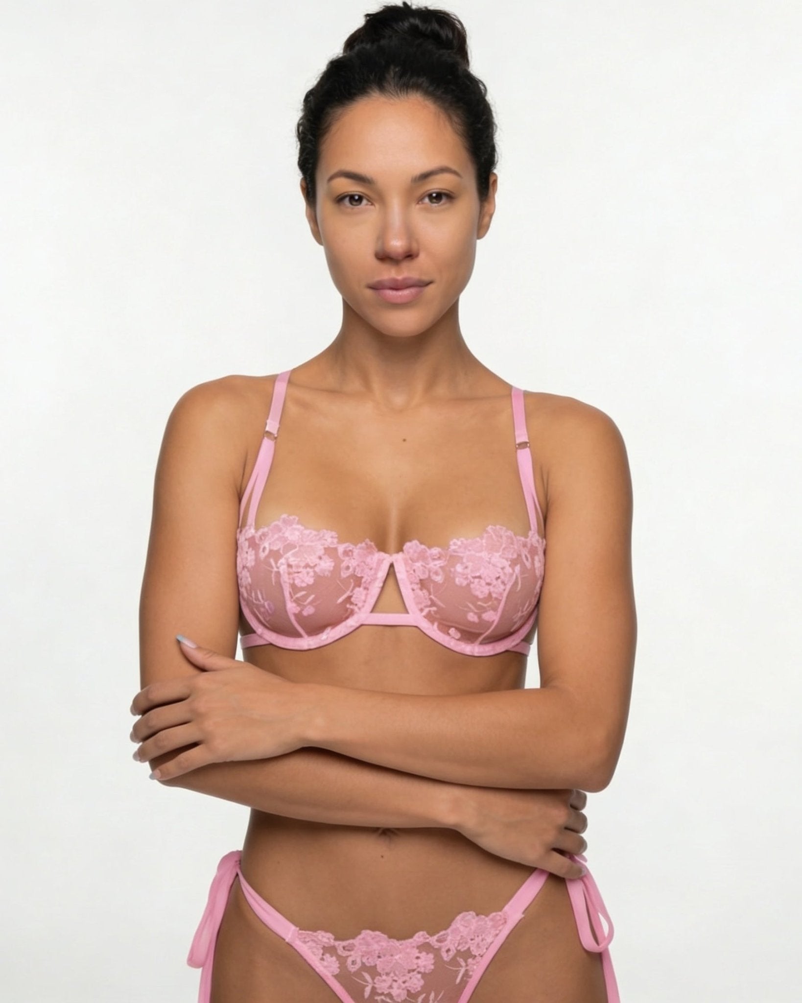 Pink Floral Embroidered Mesh Lingerie Set - MARELIA