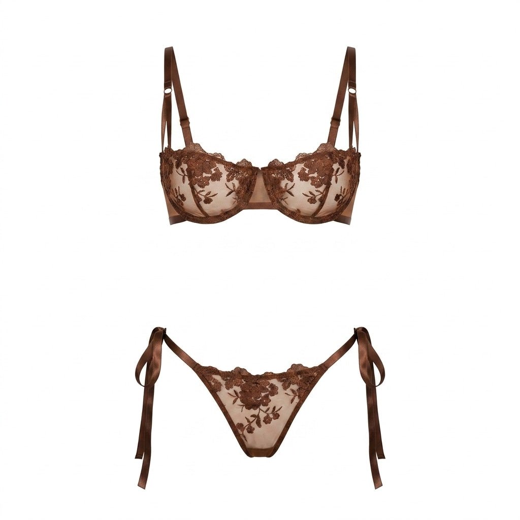 Brown Floral Embroidered Mesh Lingerie Set - MARELIA