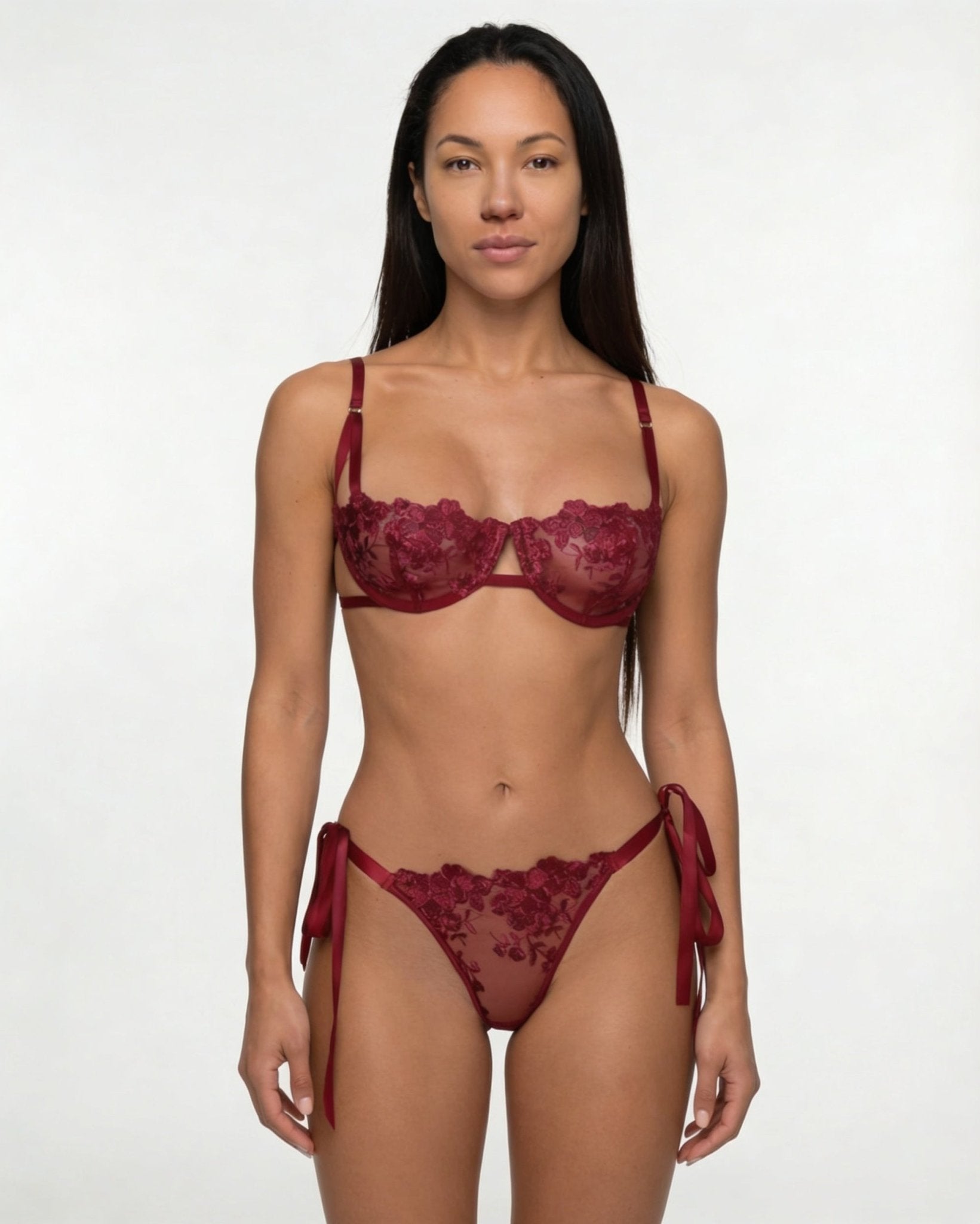 Burgundy Floral Embroidered Mesh Lingerie Set - MARELIA
