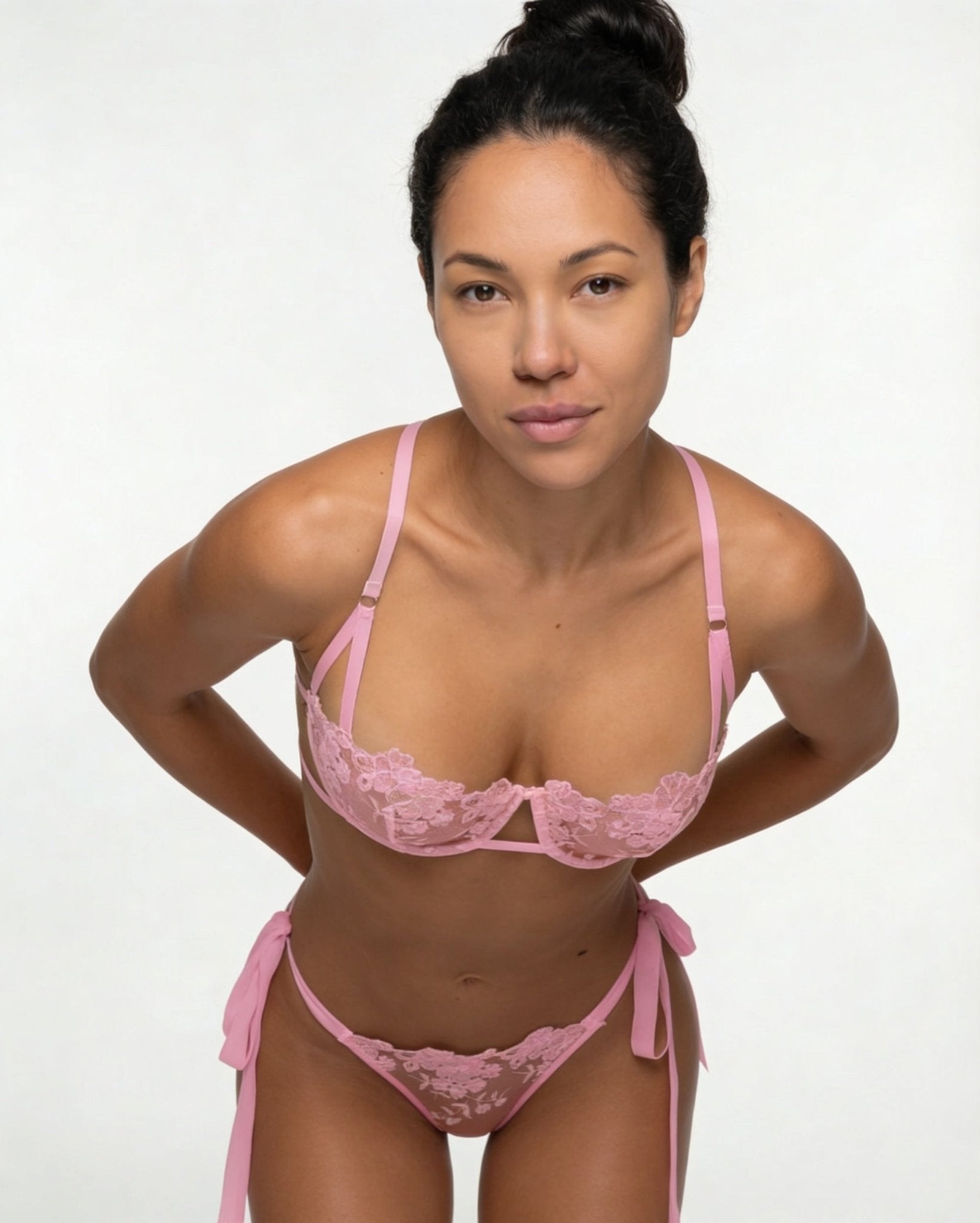 Pink Floral Embroidered Mesh Lingerie Set - MARELIA