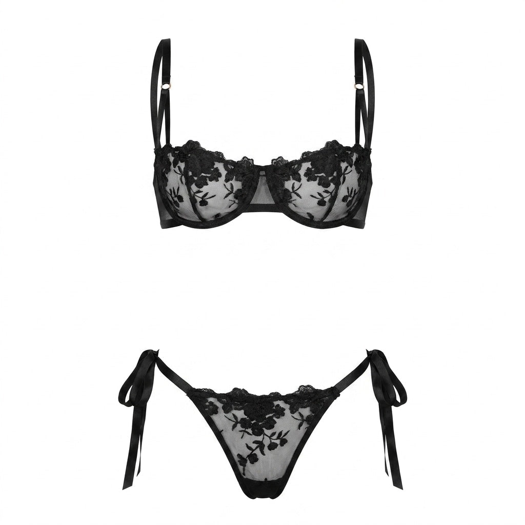 Black Floral Embroidered Mesh Lingerie Set - MARELIA