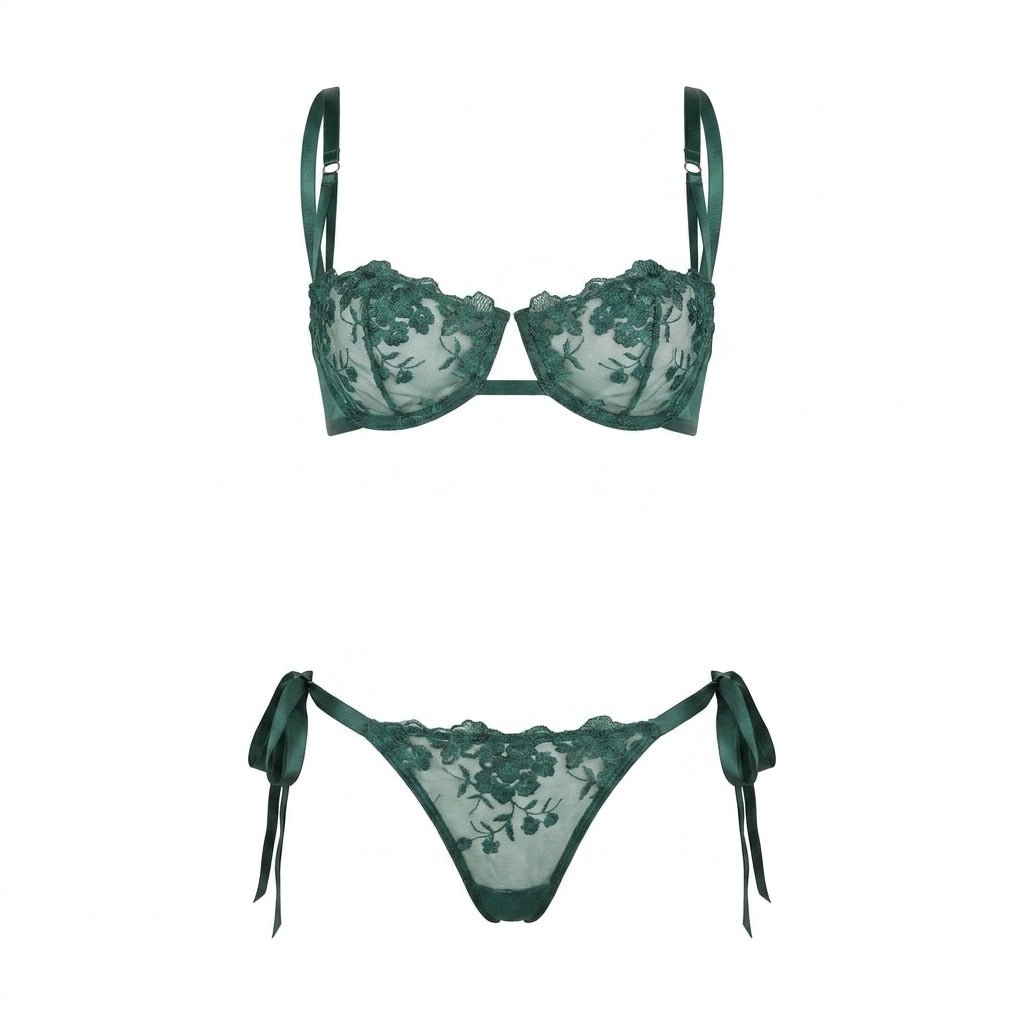 Green Floral Embroidered Mesh Lingerie Set - MARELIA