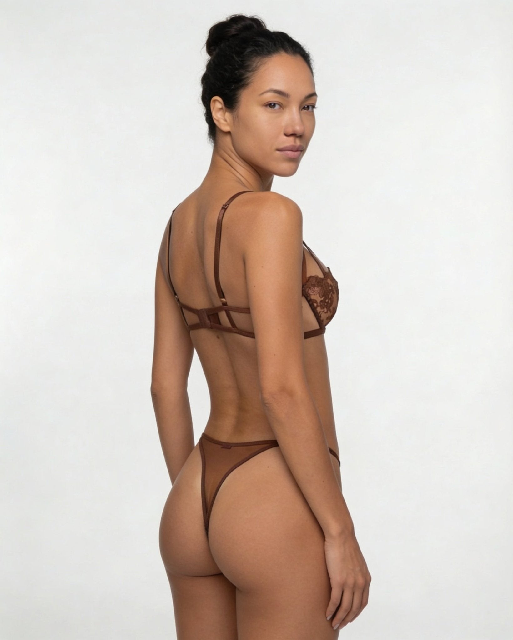 Brown Floral Embroidered Mesh Lingerie Set - MARELIA