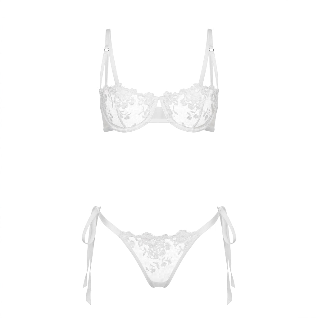 White Floral Embroidered Mesh Lingerie Set - MARELIA