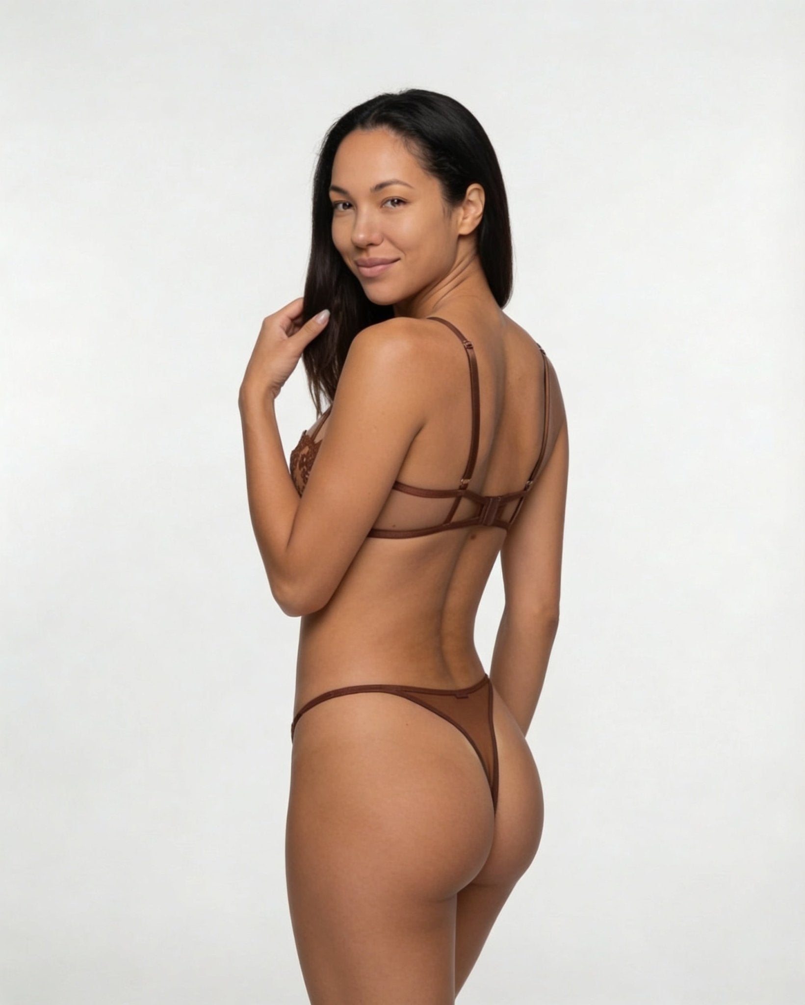 Brown Floral Embroidered Mesh Lingerie Set - MARELIA