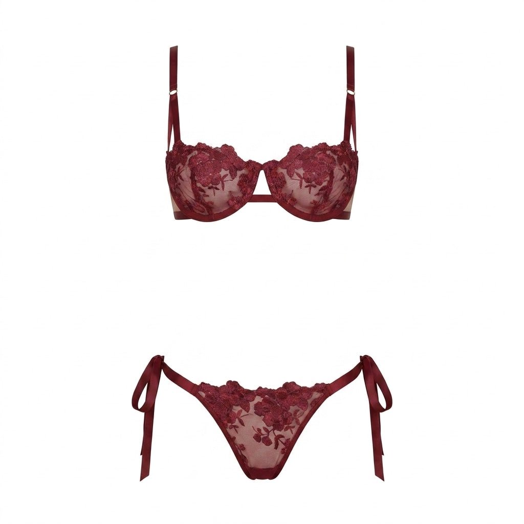 Burgundy Floral Embroidered Mesh Lingerie Set - MARELIA