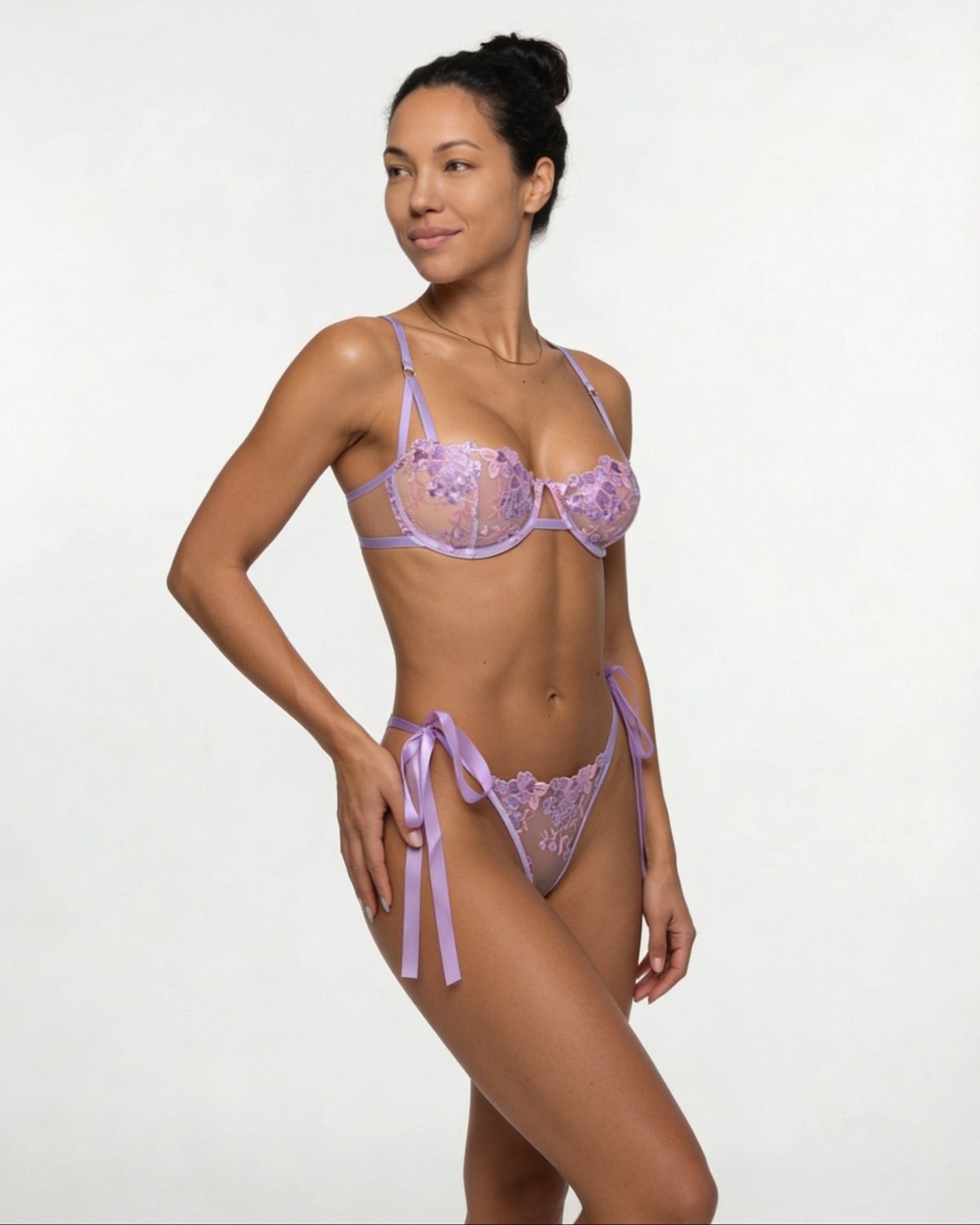 Lilac Floral Embroidered Mesh Lingerie Set - MARELIA