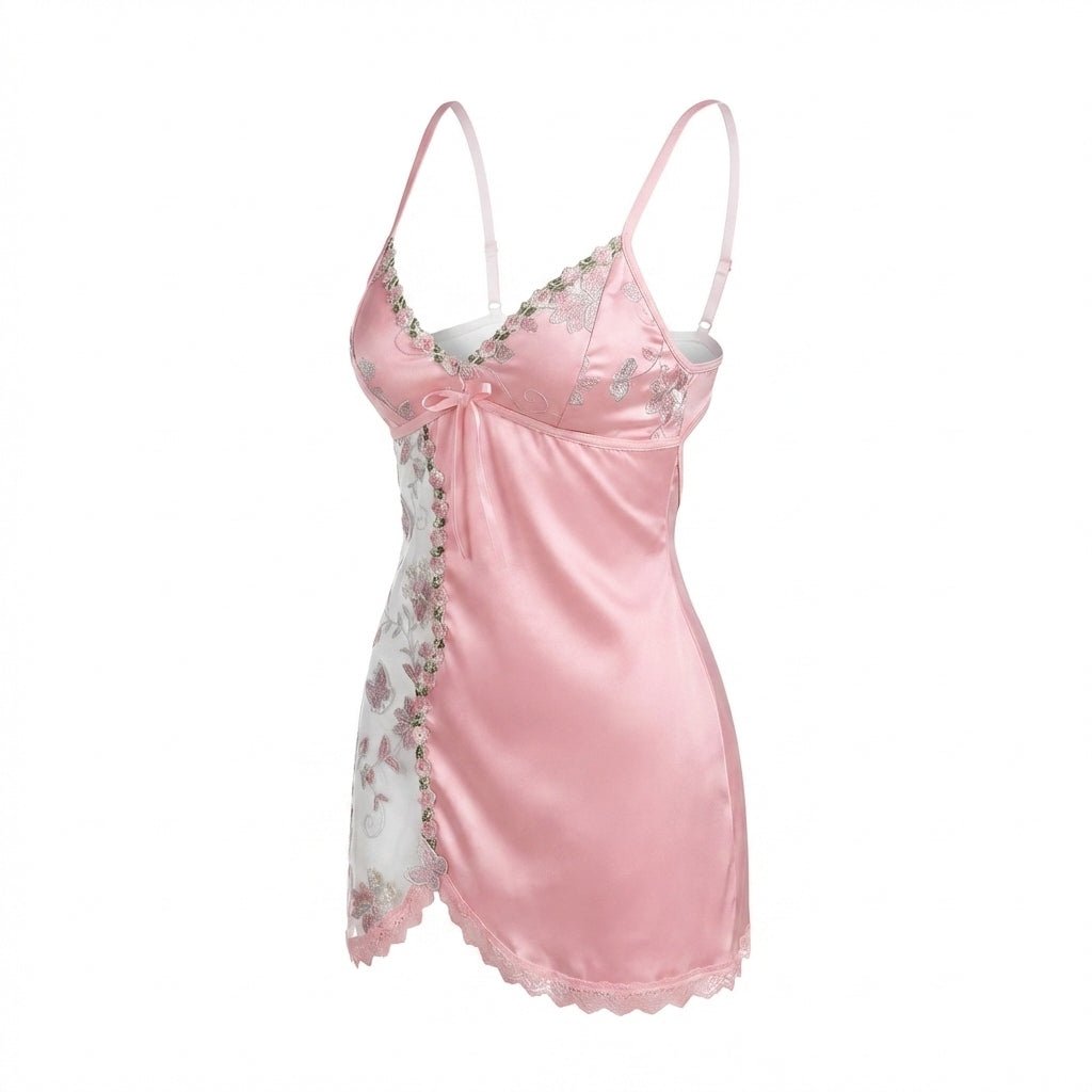 Pink Floral Embroidered Mesh Satin Chemise - MARELIA