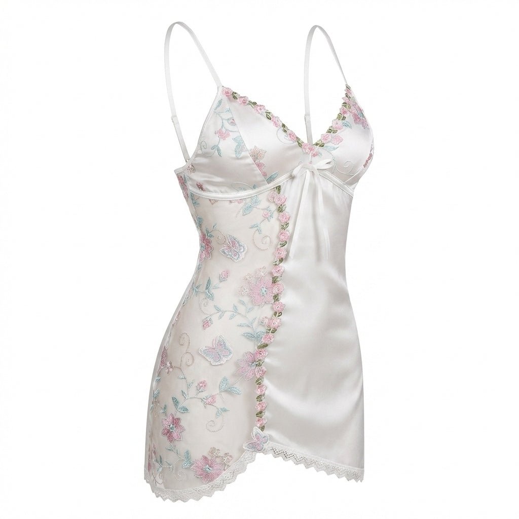 White Floral Embroidered Mesh Satin Chemise - MARELIA