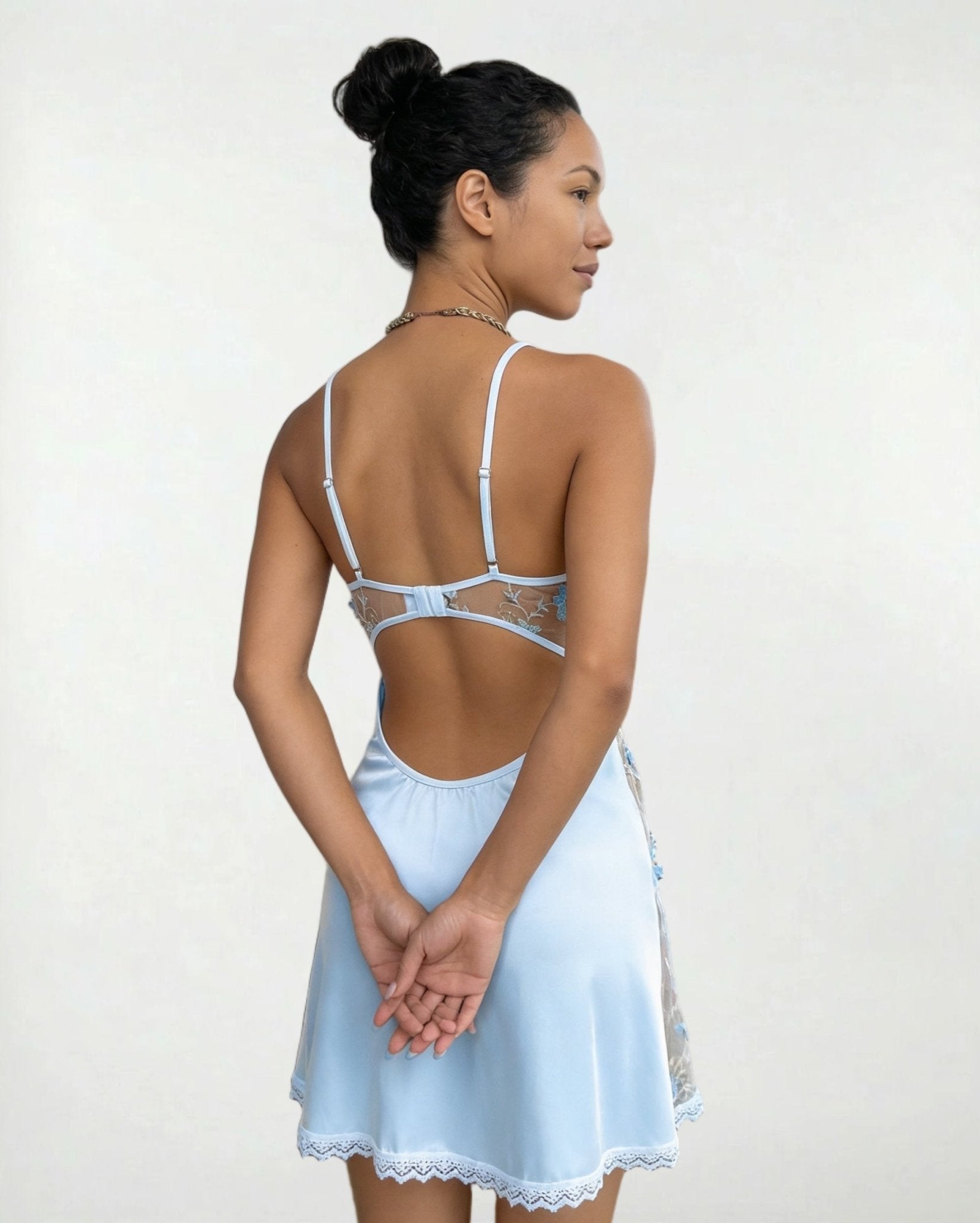 Baby Blue Floral Embroidered Mesh Satin Chemise - MARELIA