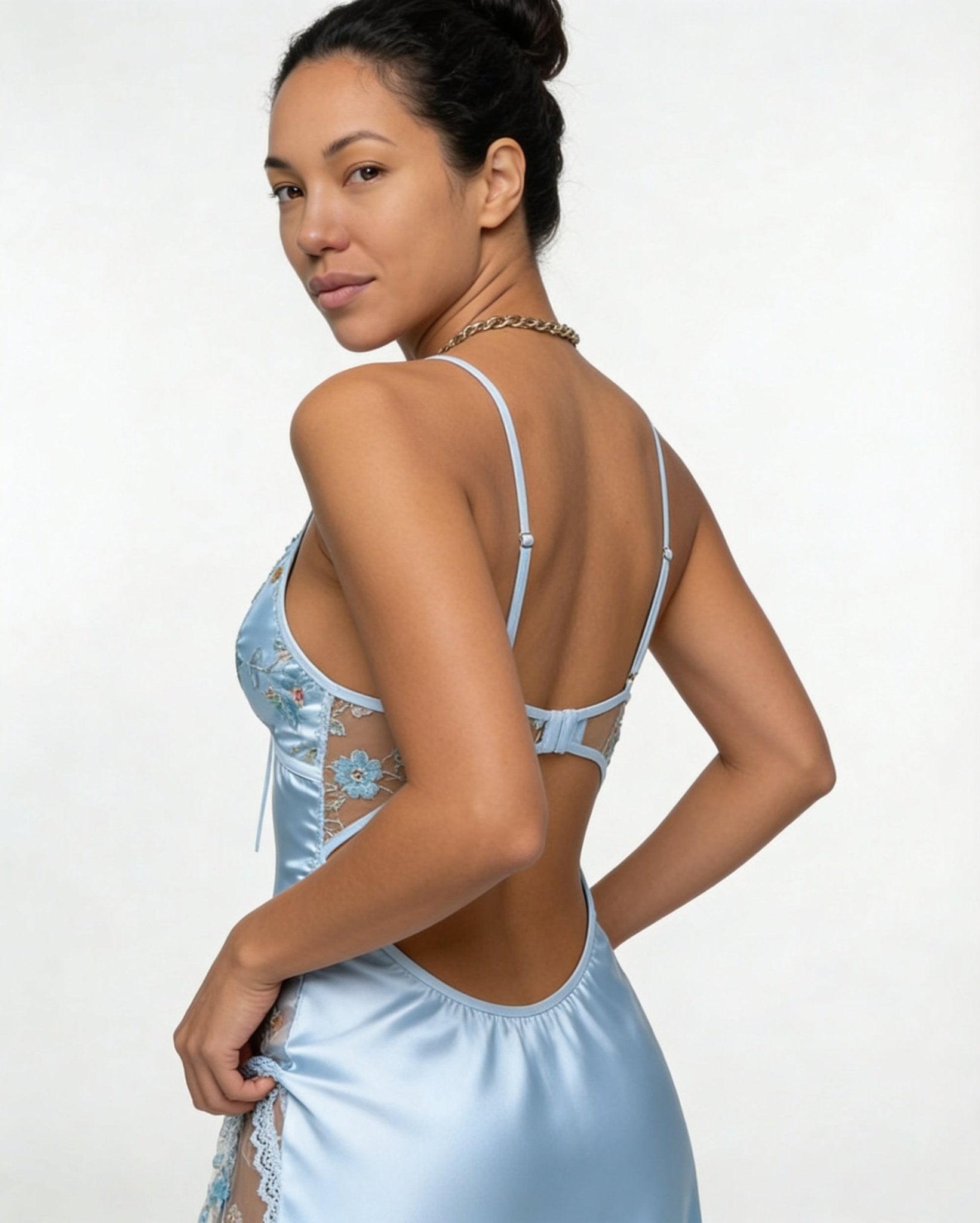 Baby Blue Floral Embroidered Mesh Satin Chemise - MARELIA