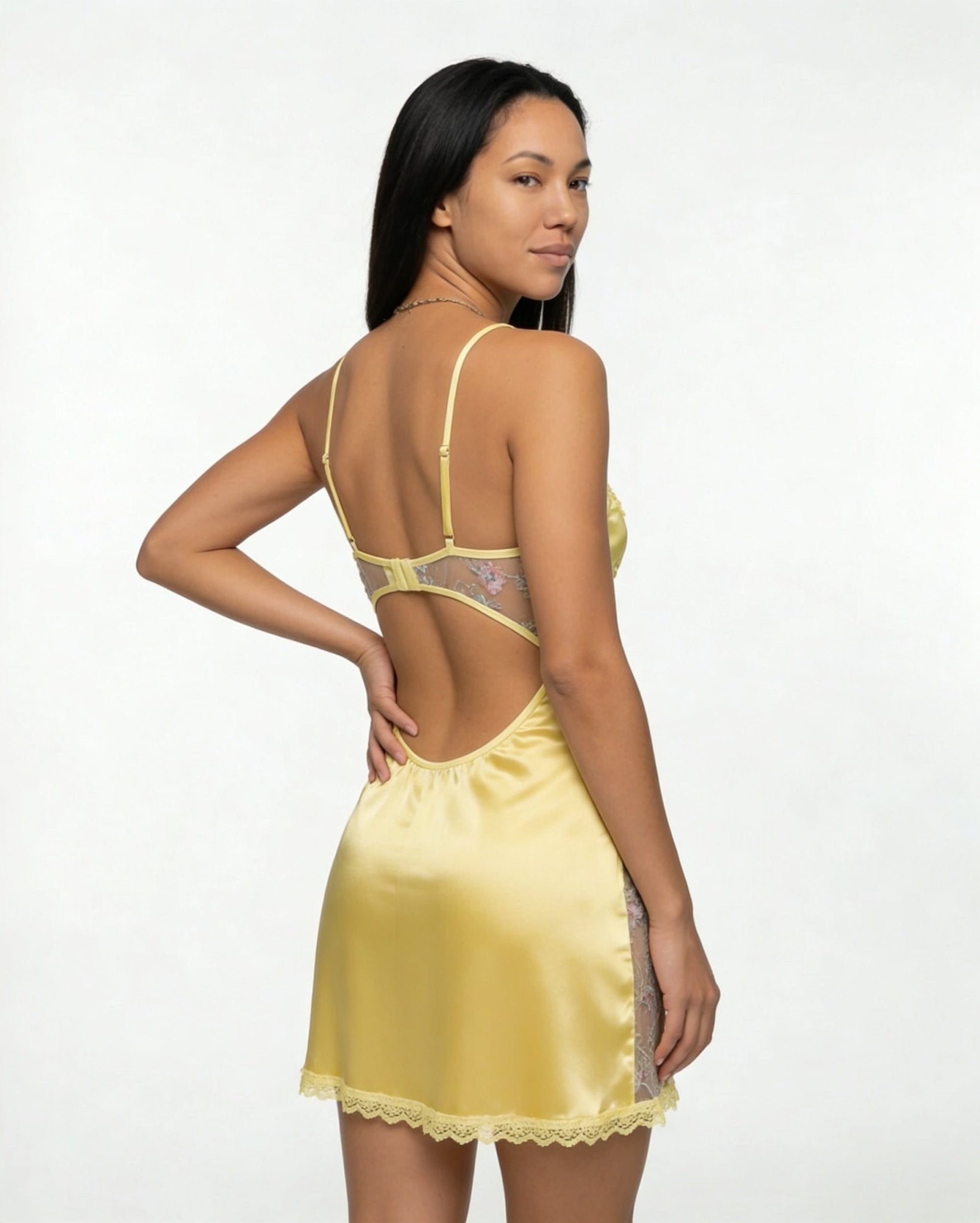 Yellow Floral Embroidered Mesh Satin Chemise - MARELIA