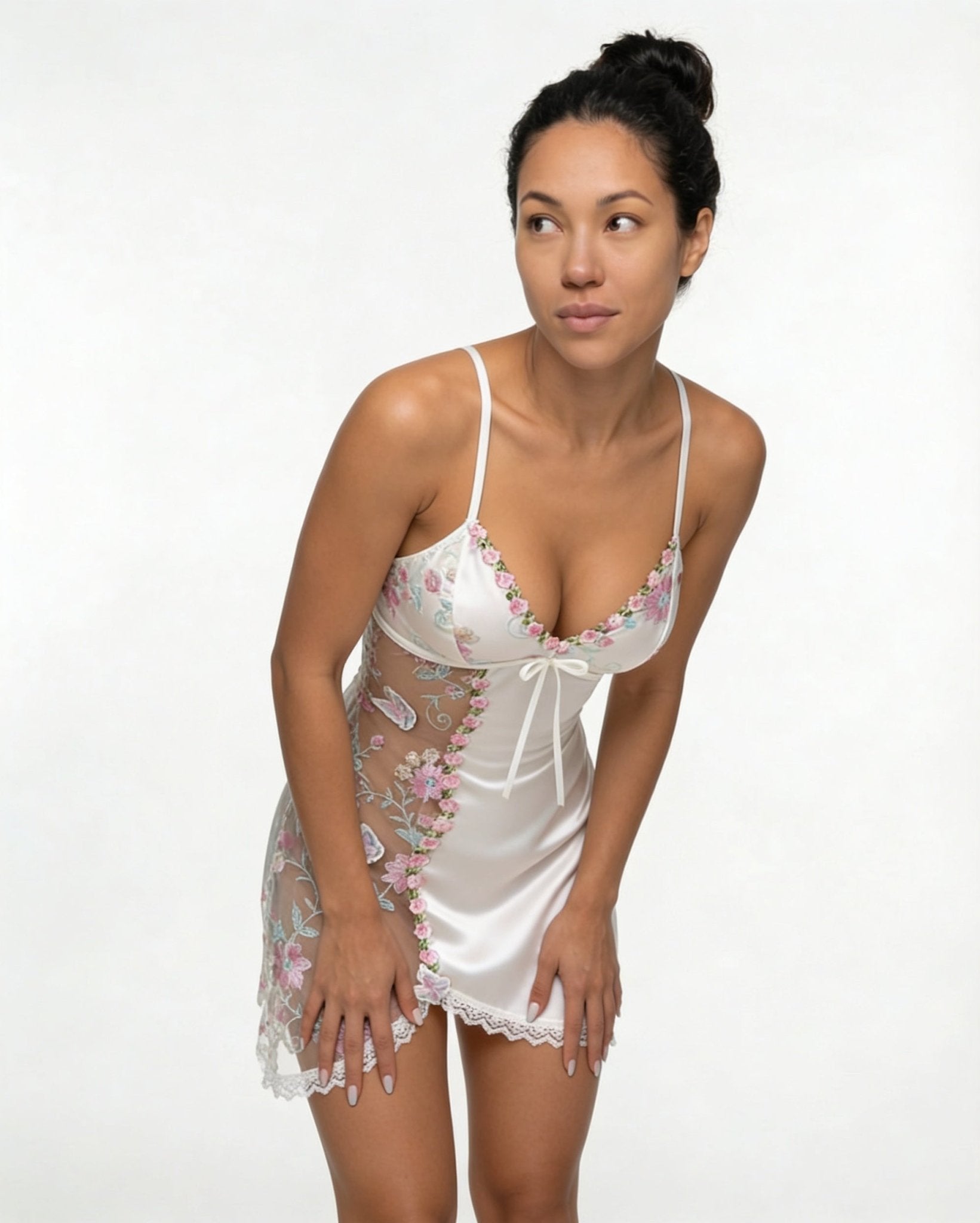 White Floral Embroidered Mesh Satin Chemise - MARELIA