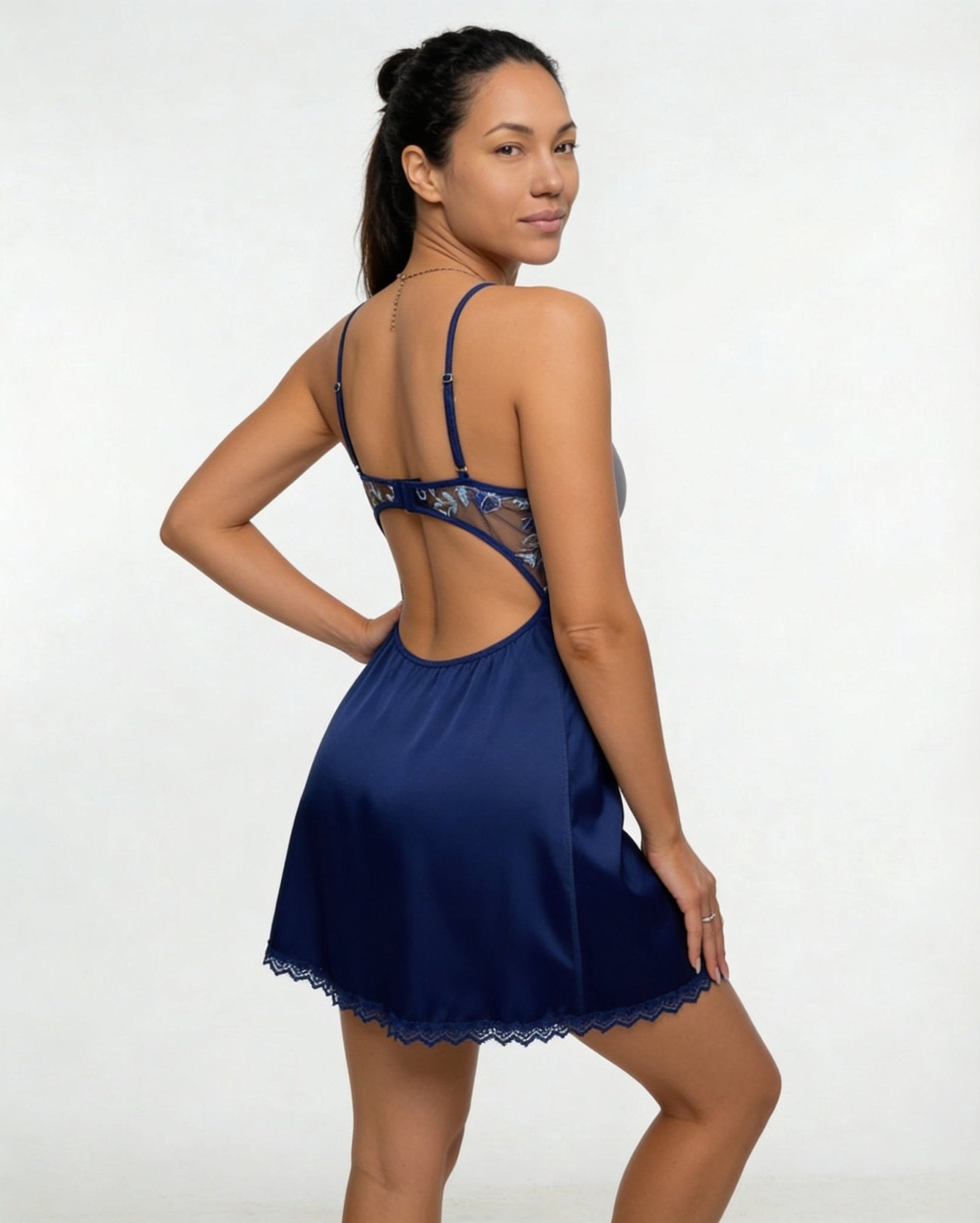Navy Floral Embroidered Mesh Satin Chemise - MARELIA