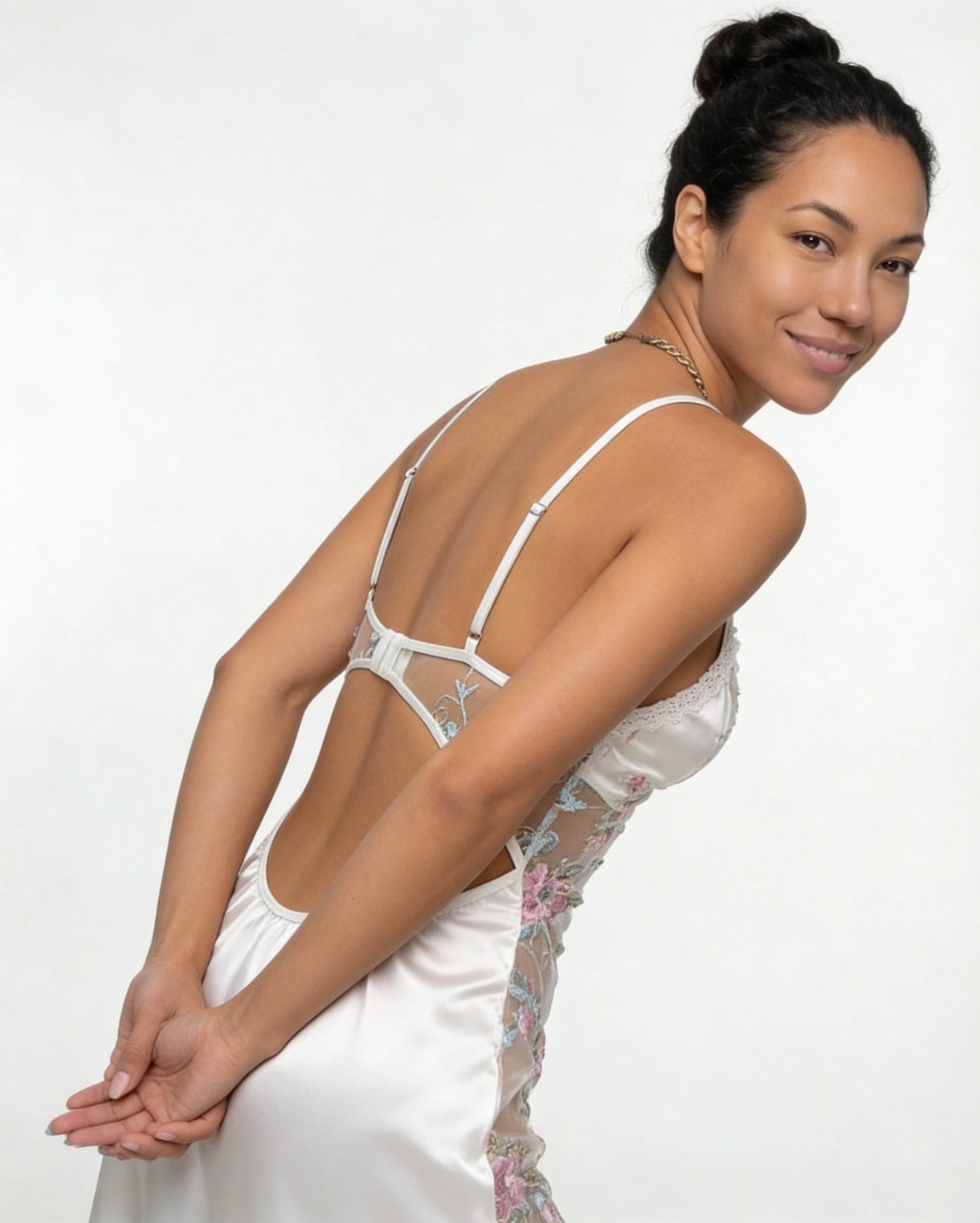 White Floral Embroidered Mesh Satin Chemise - MARELIA