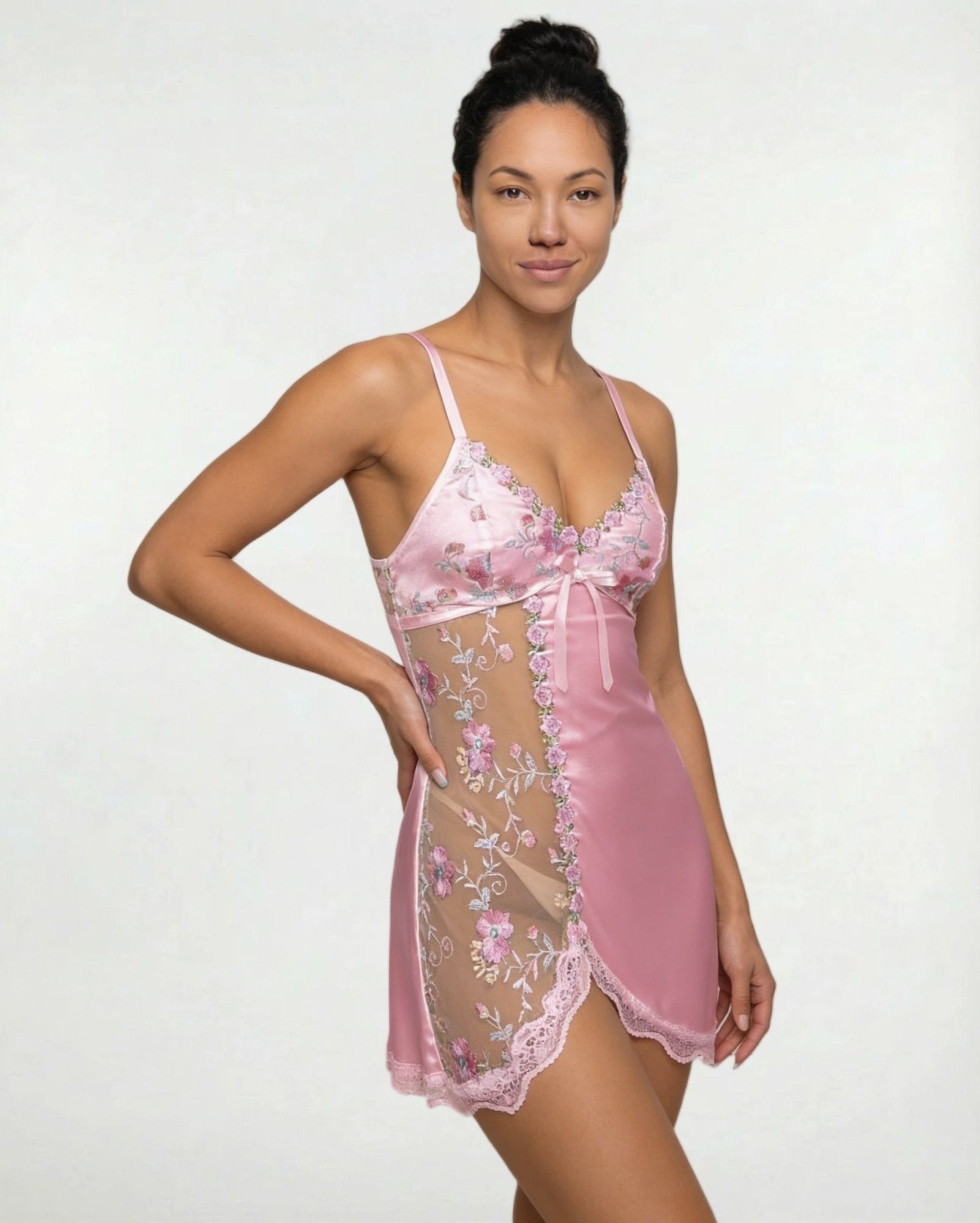 Pink Floral Embroidered Mesh Satin Chemise - MARELIA